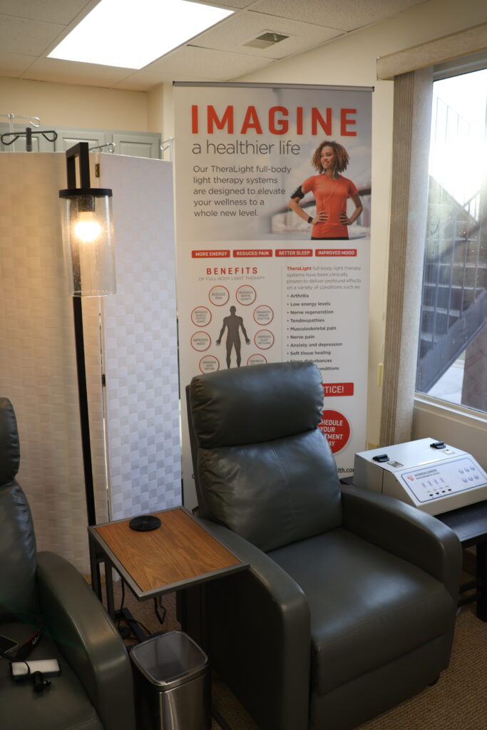 Relaxation chairs and light therapy equipment in a clinical setting used to support sleep problems Omaha patients experience.